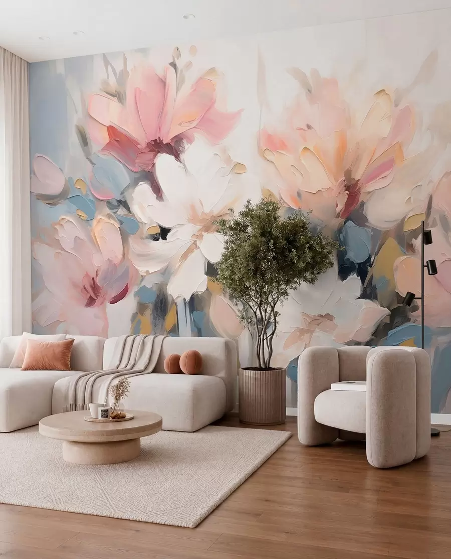 Papier peint Fleurs abstraites à la peinture à l'huile dans des tons doux w03575