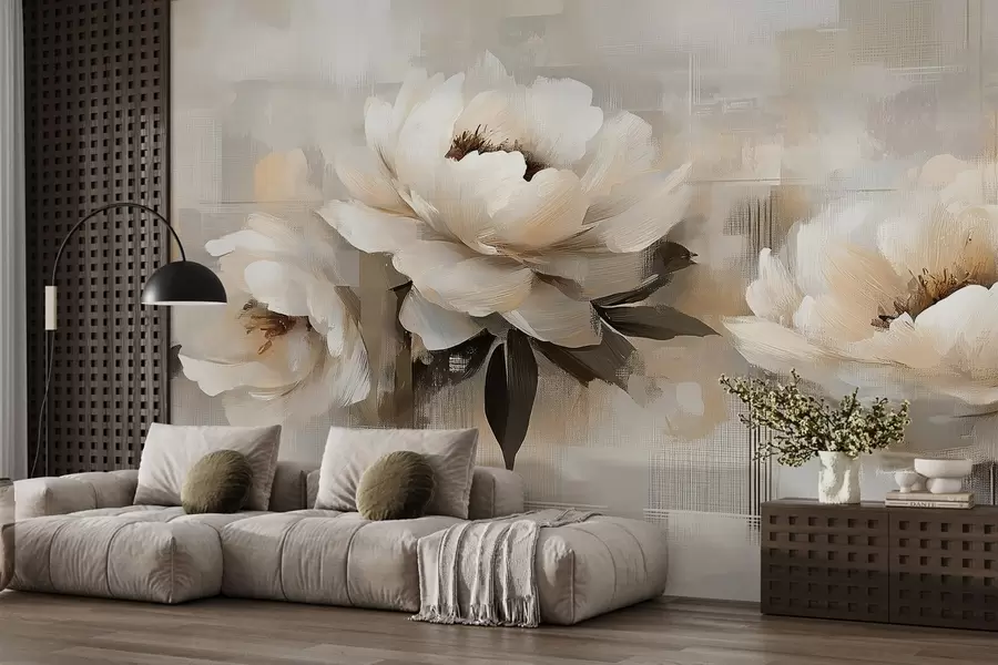 Papier peint Pivoines vintage abstraites blanches w03581