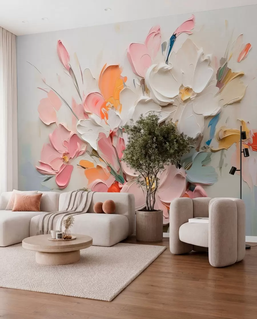 Papier peint Fleurs abstraites volumétriques dans le style de la peinture à l'huile w03582