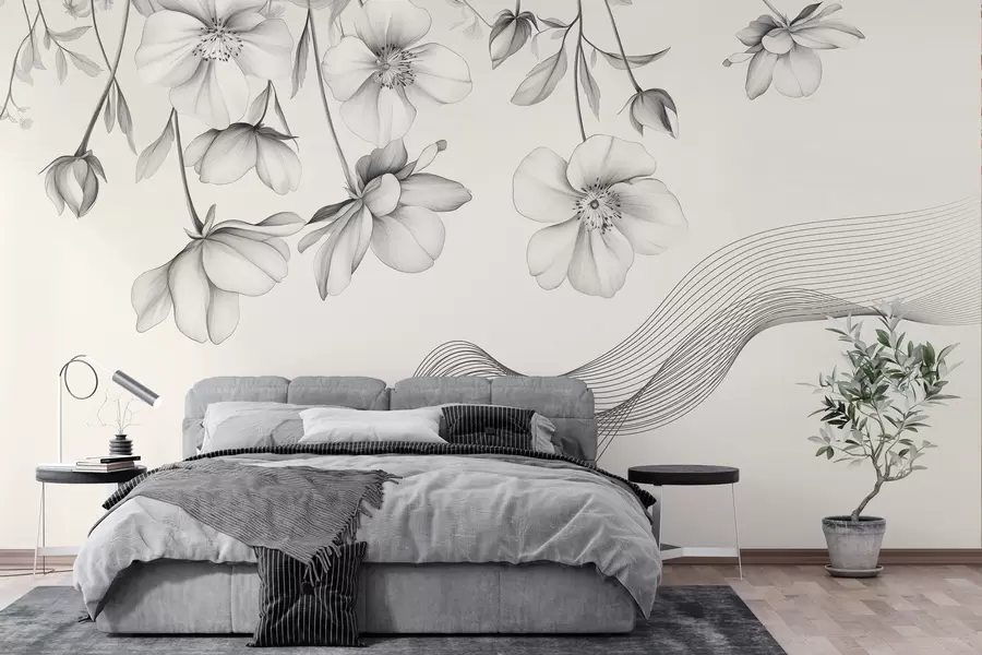 Papier peint fleurs et lignes graphiques sur fond clair w03454