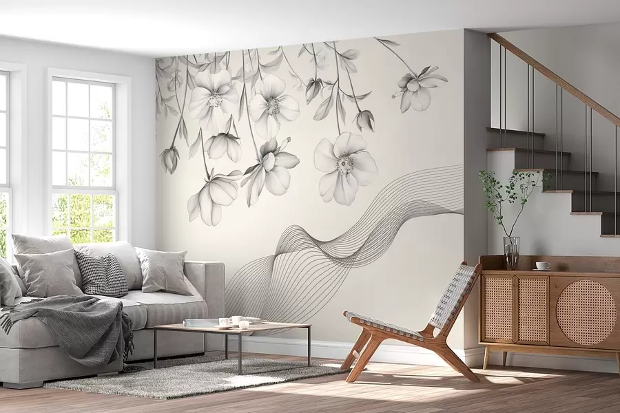 Papier peint fleurs et lignes graphiques sur fond clair w03454