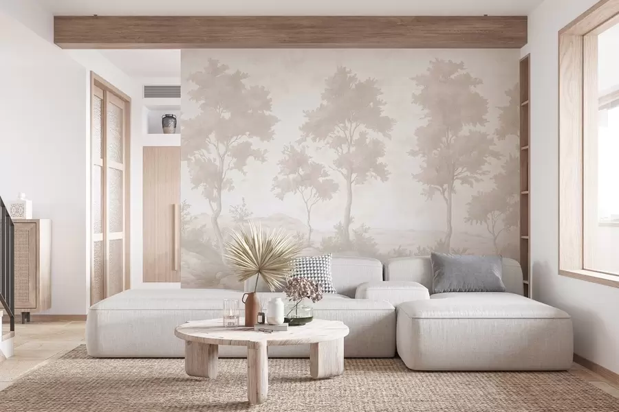 Papier peint Arbres sur la colline, dessin de style pastel, couleurs beiges, rustique w03550