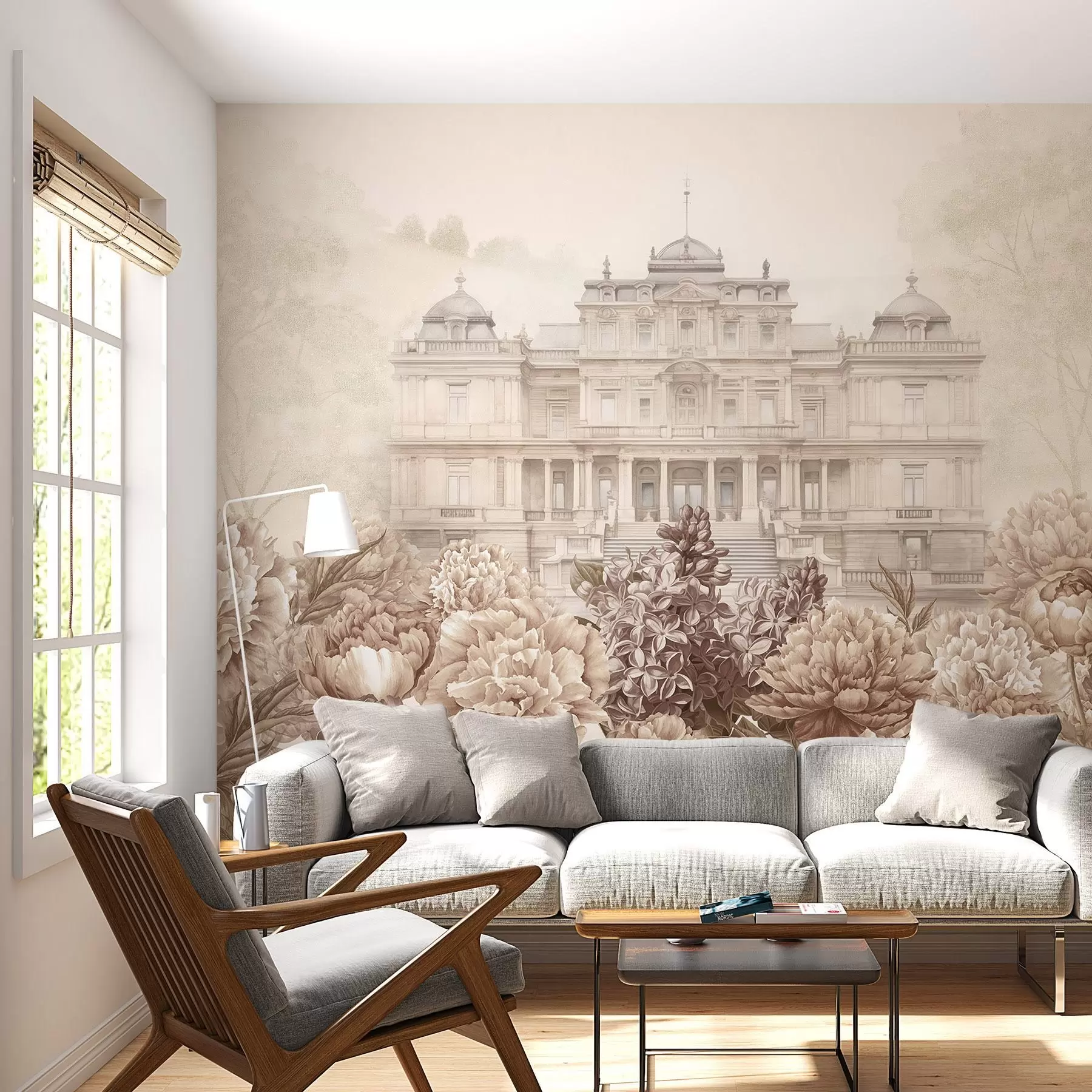 Papier peint Palais royal avec jardin de pivoines, style aquarelle, nature, couleurs beiges, boho w03552