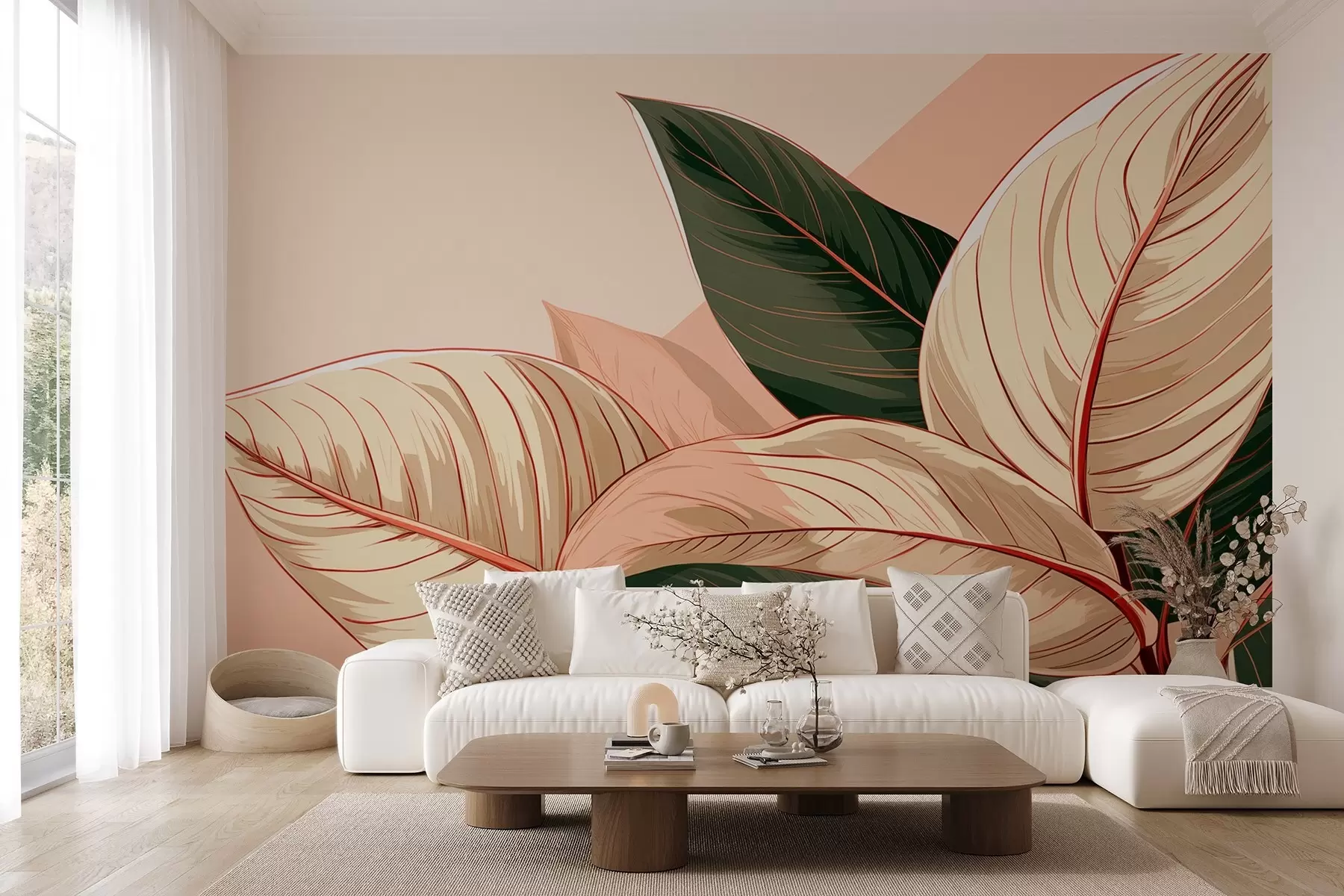 Papier peint Grandes feuilles tropicales vert-beige avec un fragment rose w08970