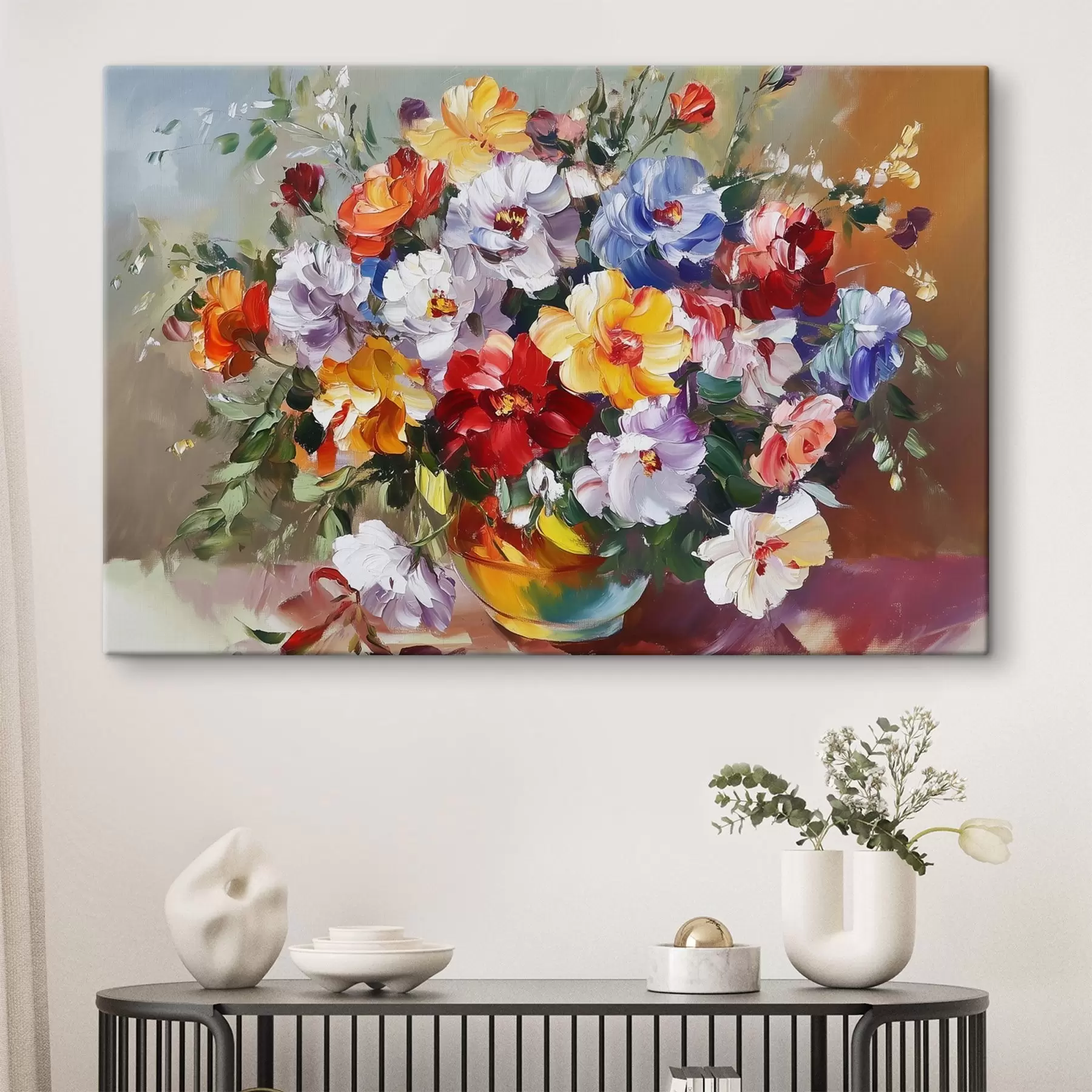 Tableau Fleurs multicolores dans un vase à la peinture à l'huile s43909