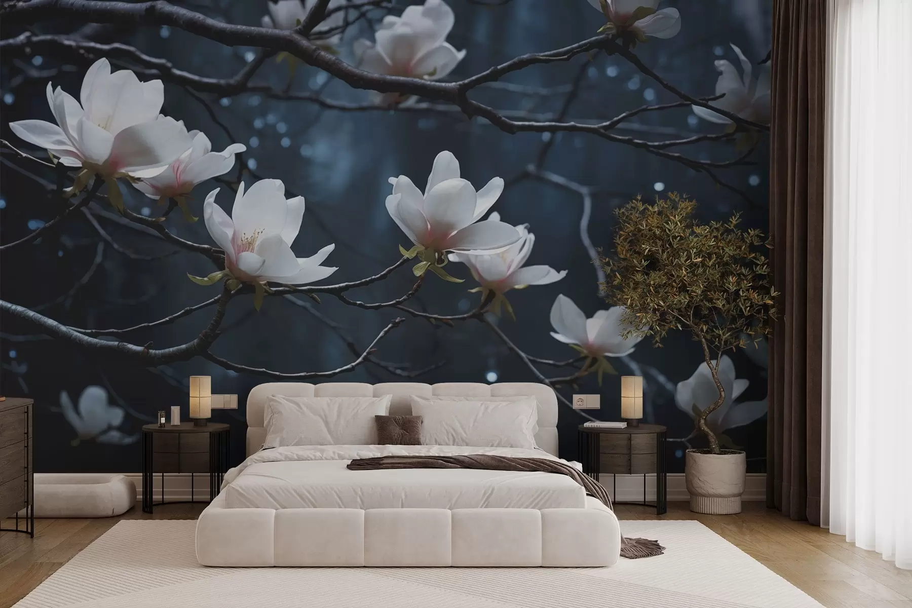 Papier peint Arbre en fleurs avec des branches sur un fond sombre w03604