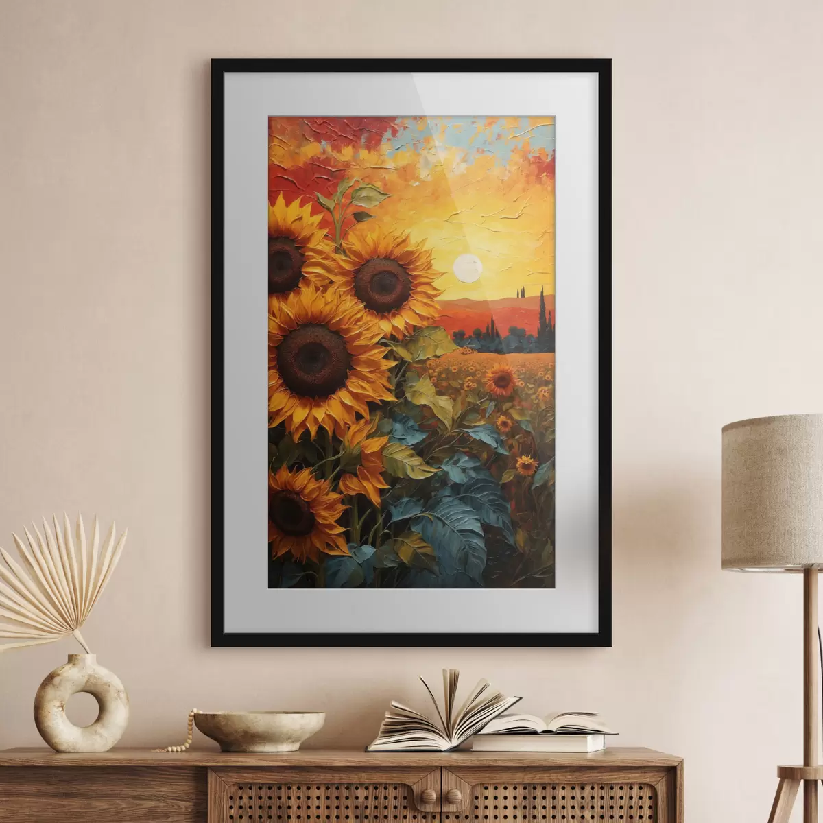 Poster Champ de tournesols au coucher du soleil f43460