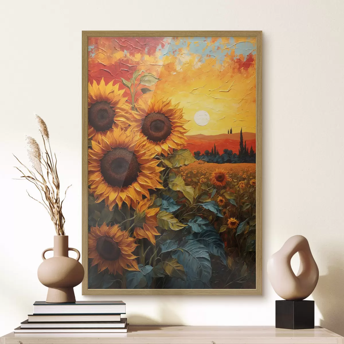 Poster Champ de tournesols au coucher du soleil f43460