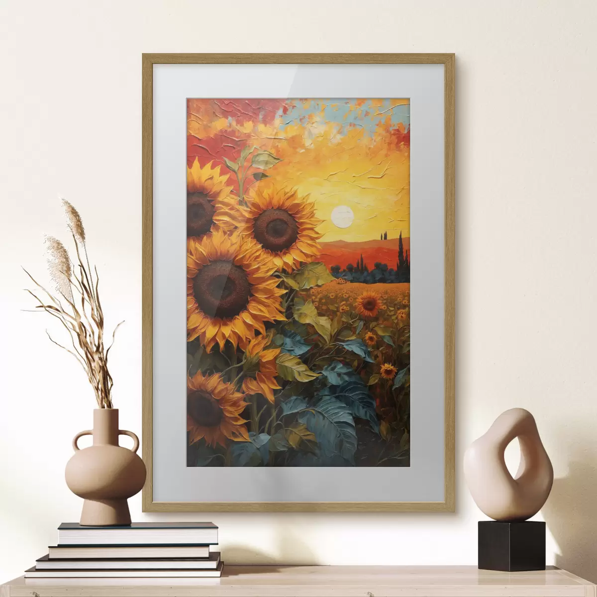 Poster Champ de tournesols au coucher du soleil f43460