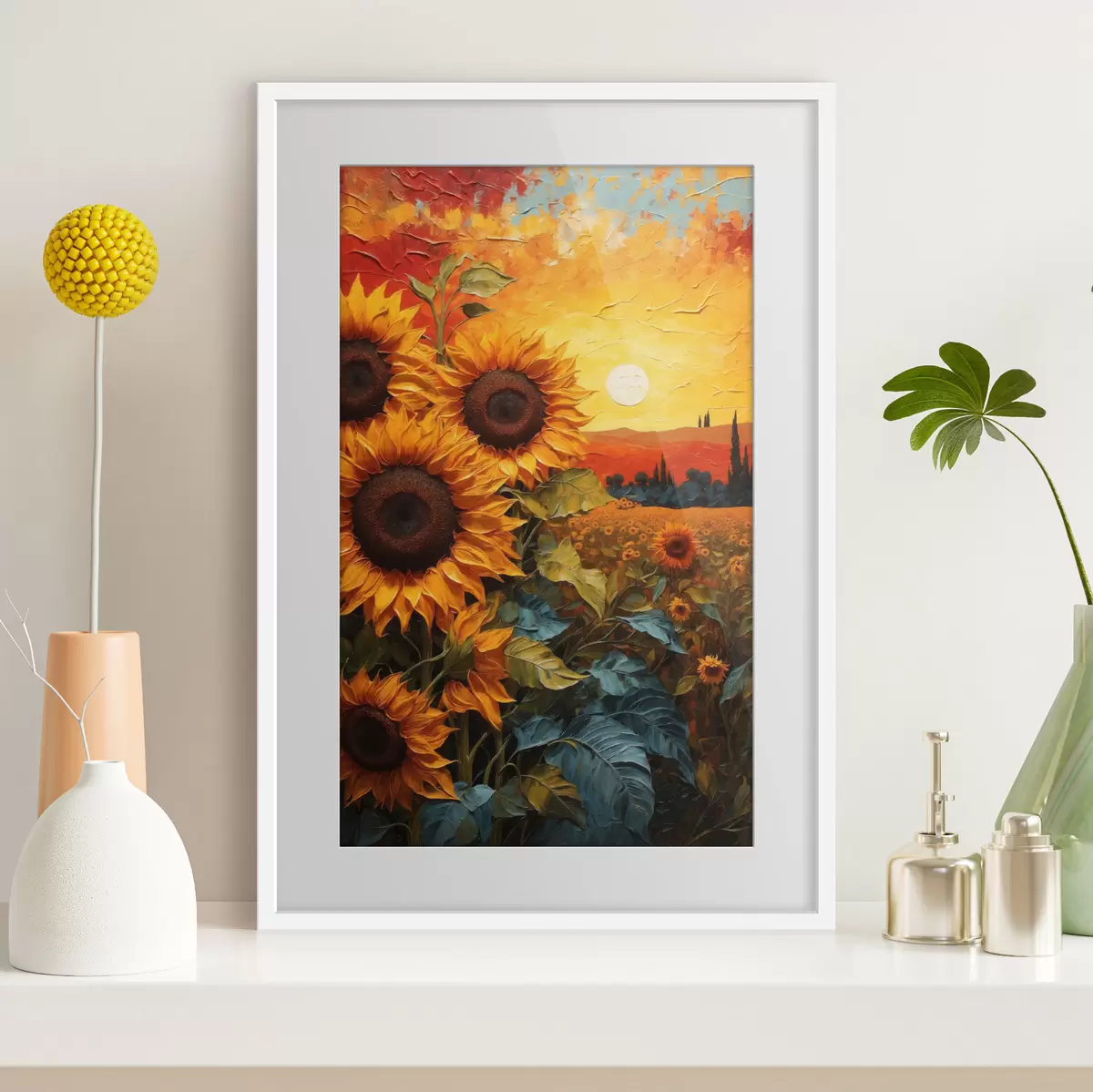 Poster Champ de tournesols au coucher du soleil f43460