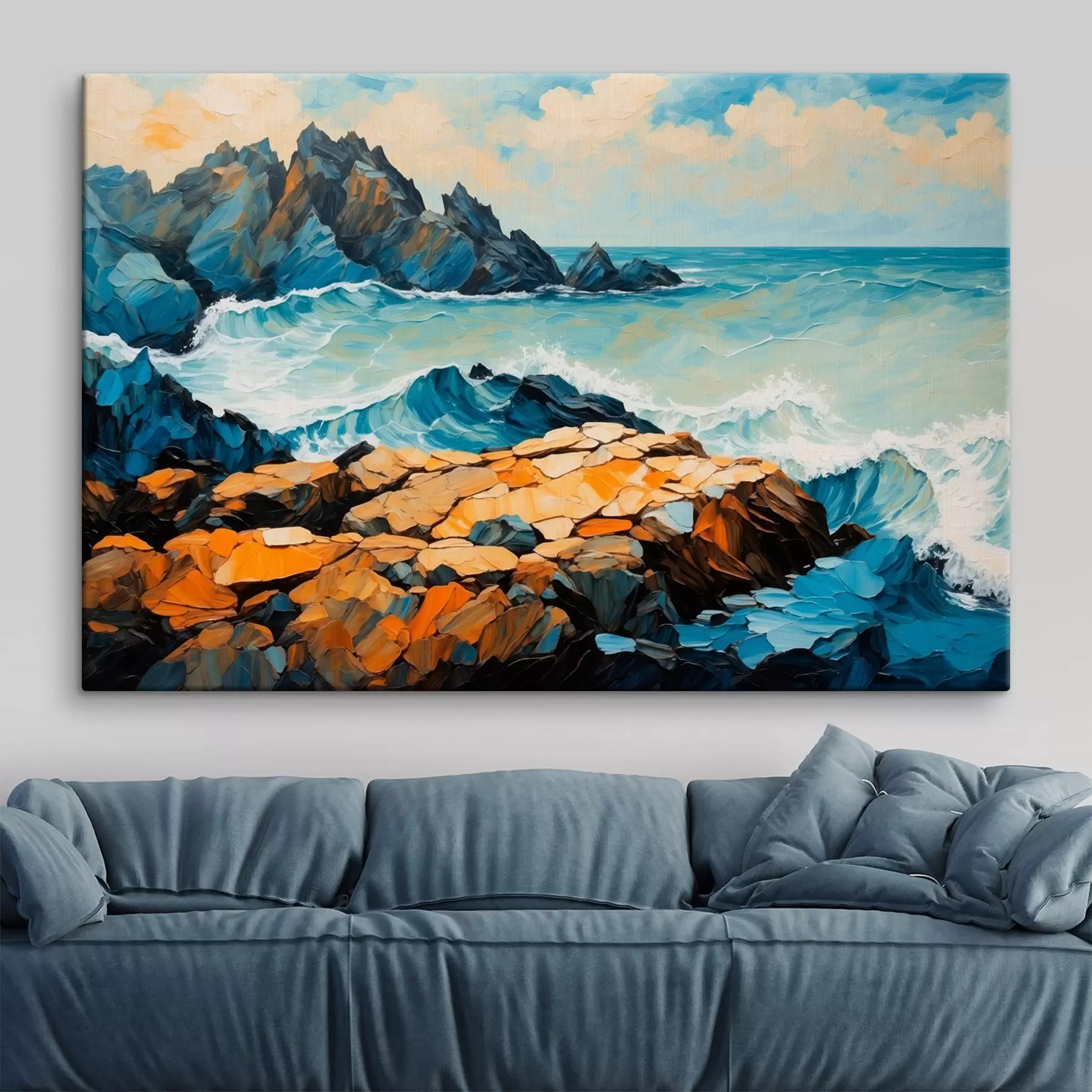 Tableau Les vagues s'écrasent sur les rochers s43458