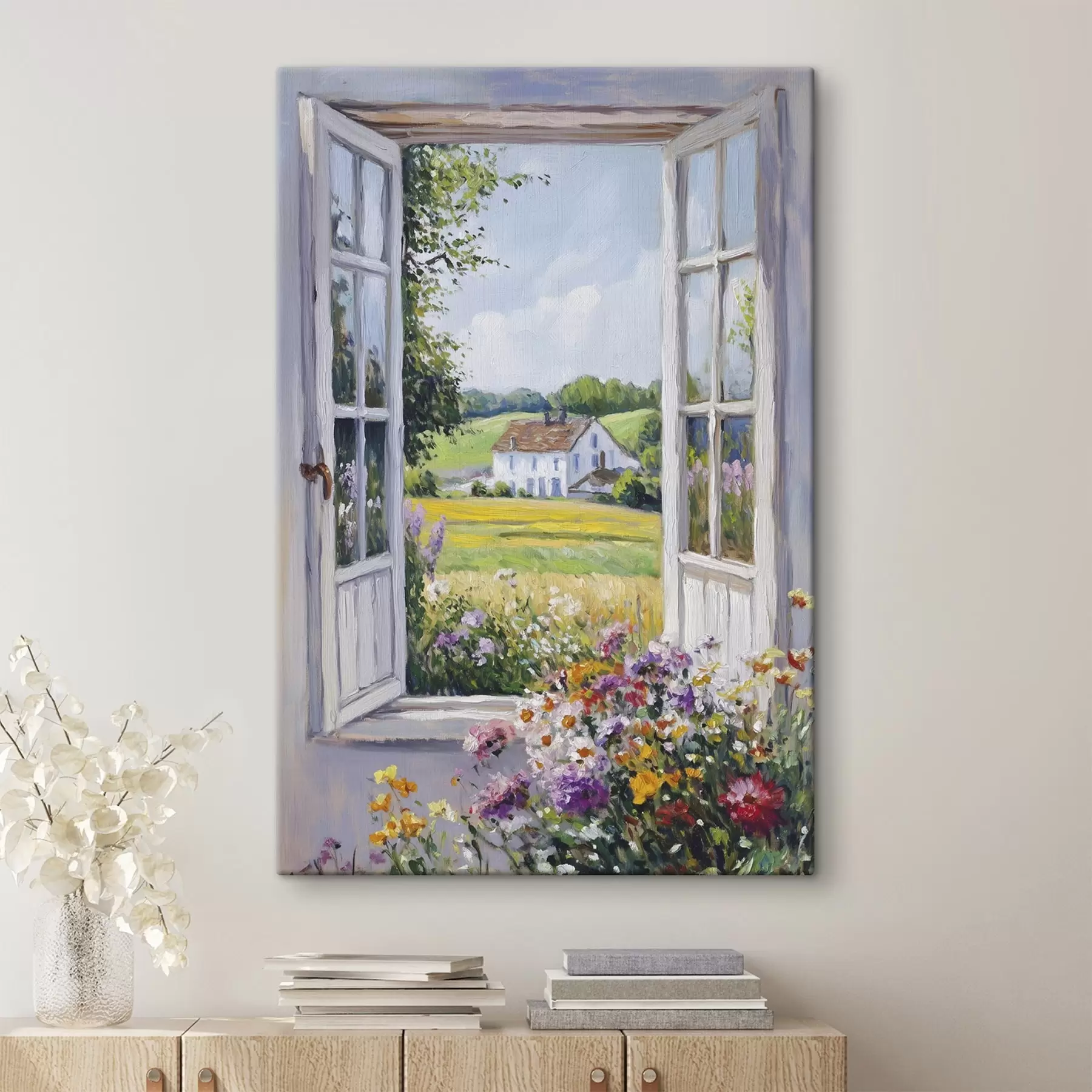 Papier peint Paysages de village dans la fenêtre en bois, fleurs, champs, style huile, maison de ferme s43888