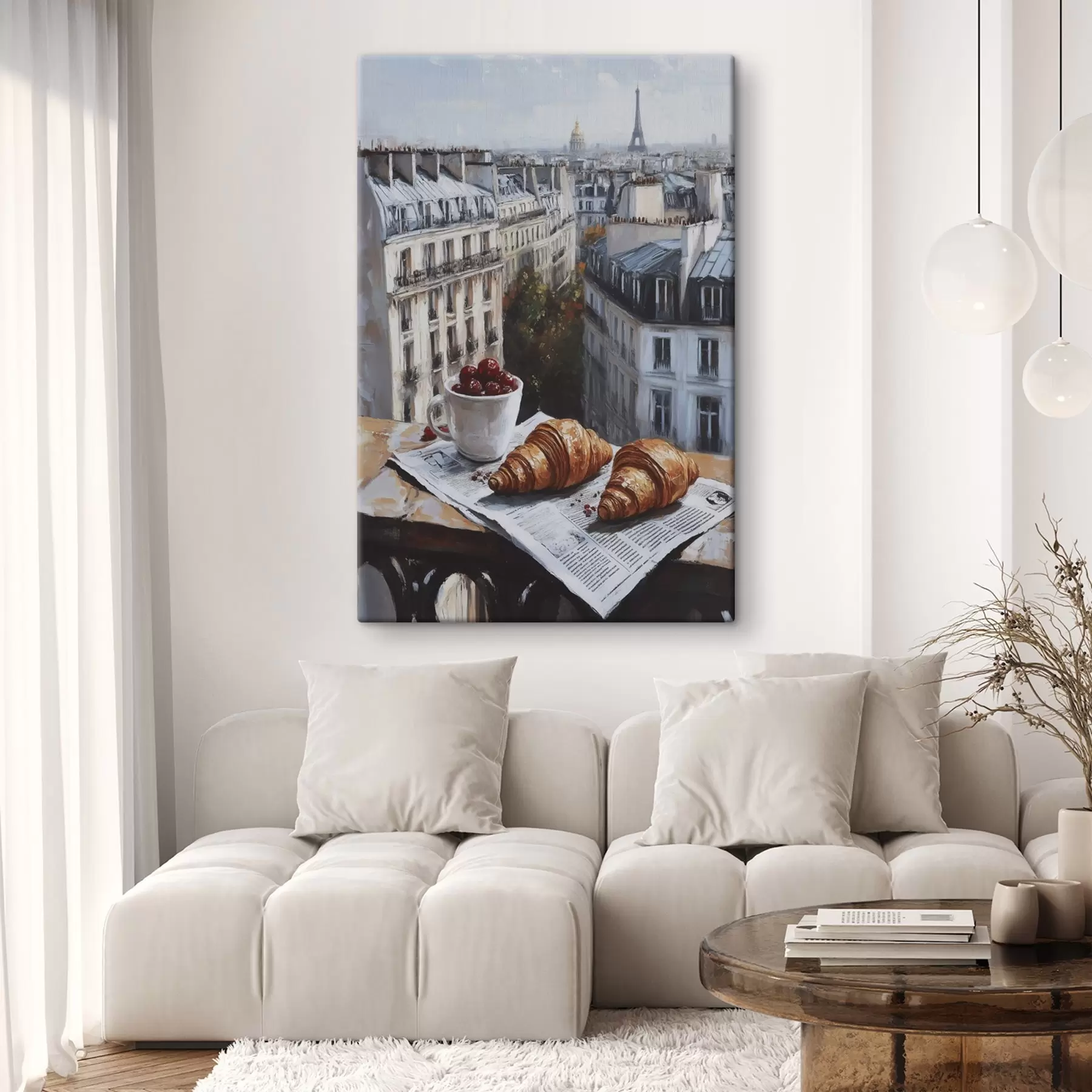 Papier peint Paris matin, café avec croissants, vue de la ville, dessin à l'huile s43892