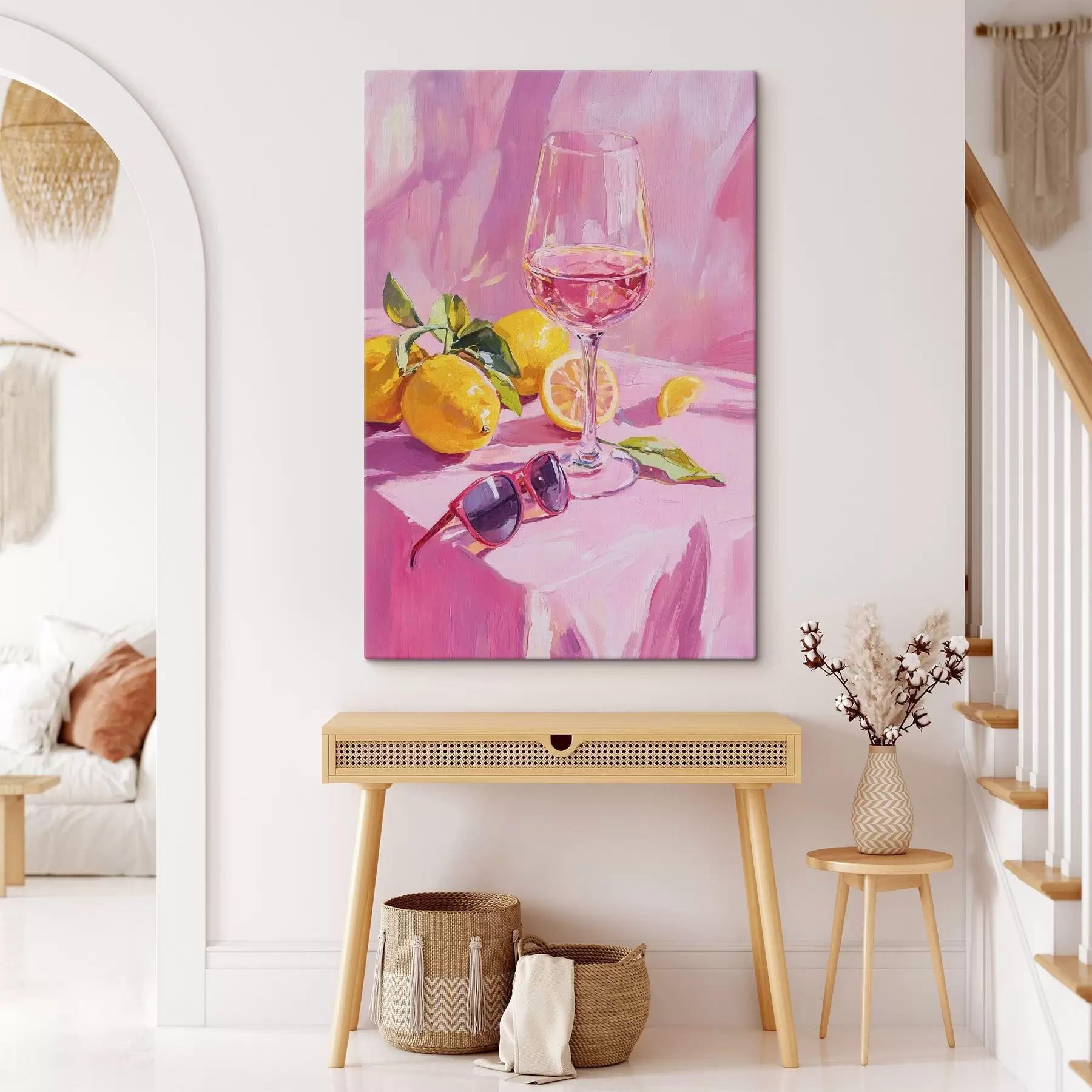 Tableau Verre de vin avec citrons, lunettes de soleil, abstraction, dessin à l'huile, couleurs roses s43883