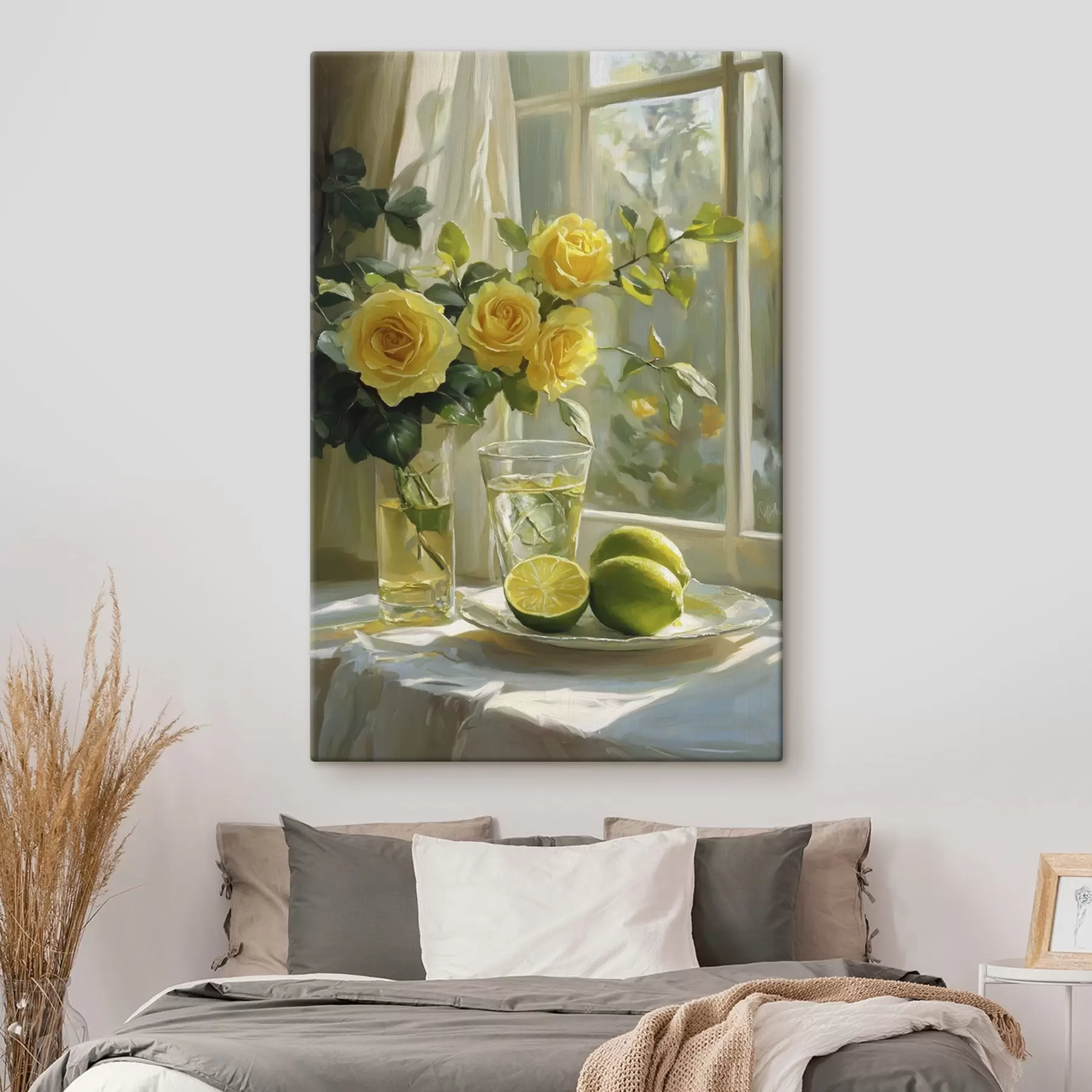 Papier peint De belles roses jaunes dans le vase près de la fenêtre, arrosées de citrons verts s43886