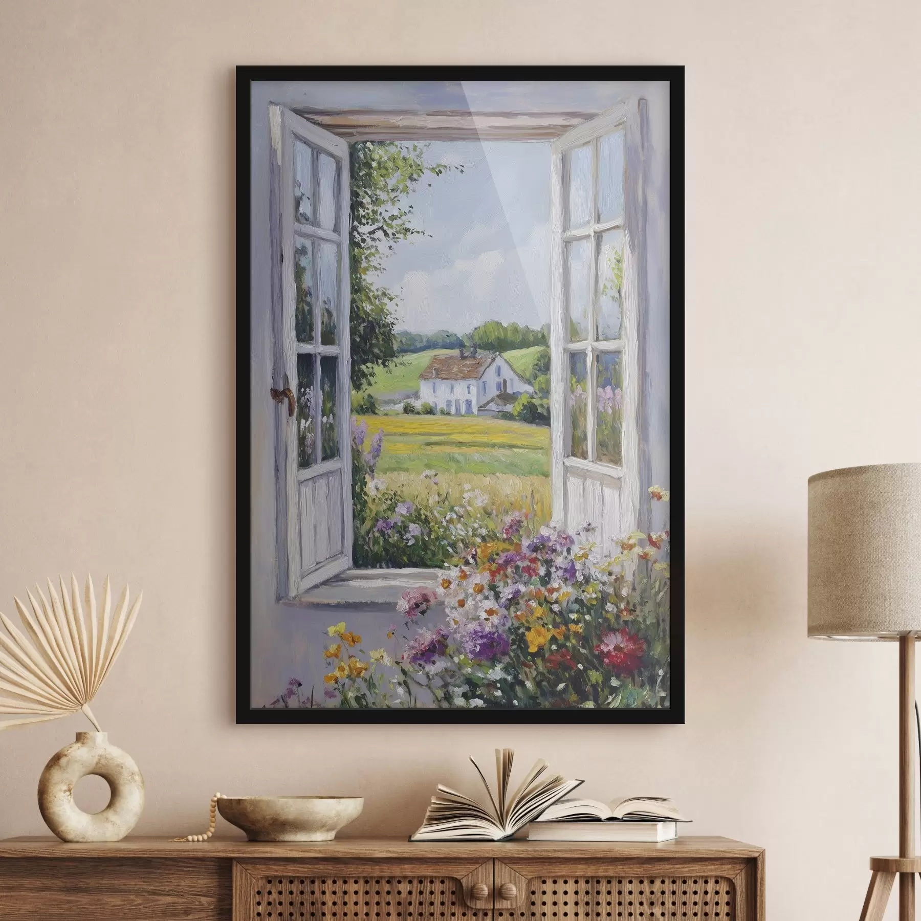 Papier peint Paysages de village dans la fenêtre en bois, fleurs, champs, style huile, maison de ferme f43888