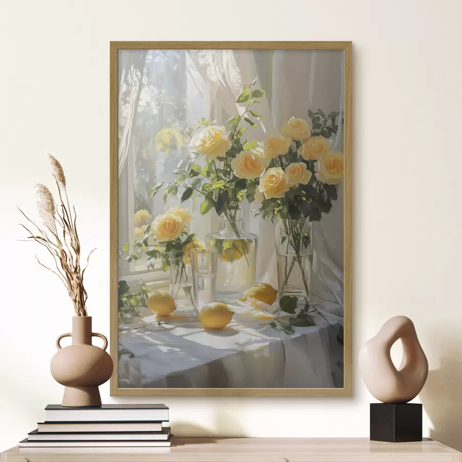 Papier peint Roses dans des vases, dessin à l'huile, lumière douce du soleil, citrons, printemps f43887