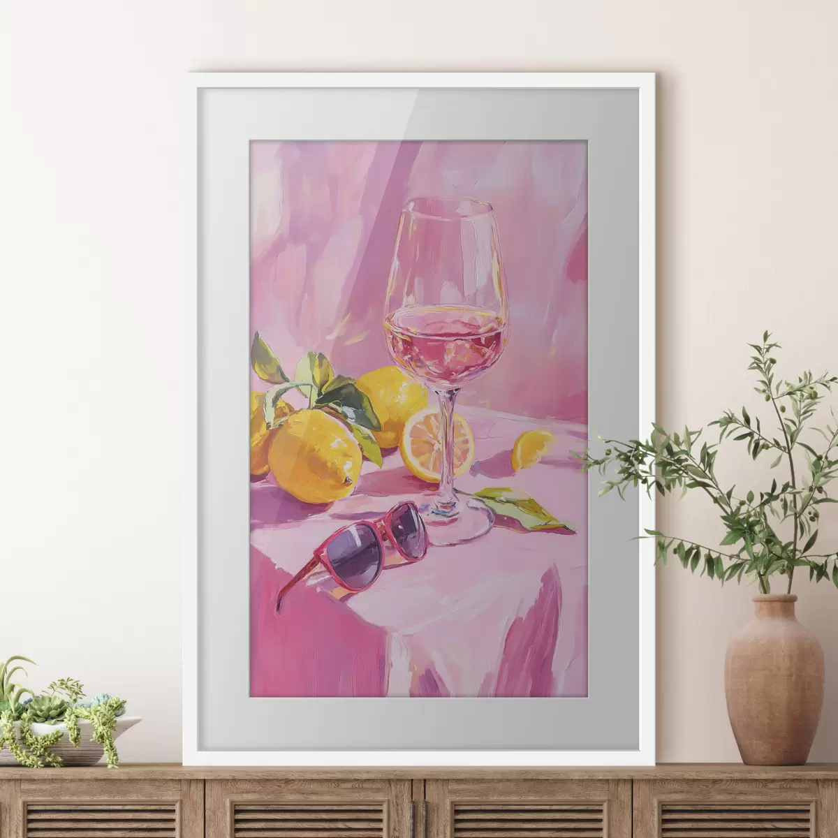 Poster Verre de vin avec citrons, lunettes de soleil, abstraction, dessin à l'huile, couleurs roses f43883