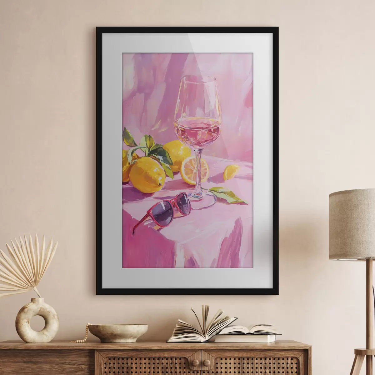 Poster Verre de vin avec citrons, lunettes de soleil, abstraction, dessin à l'huile, couleurs roses f43883