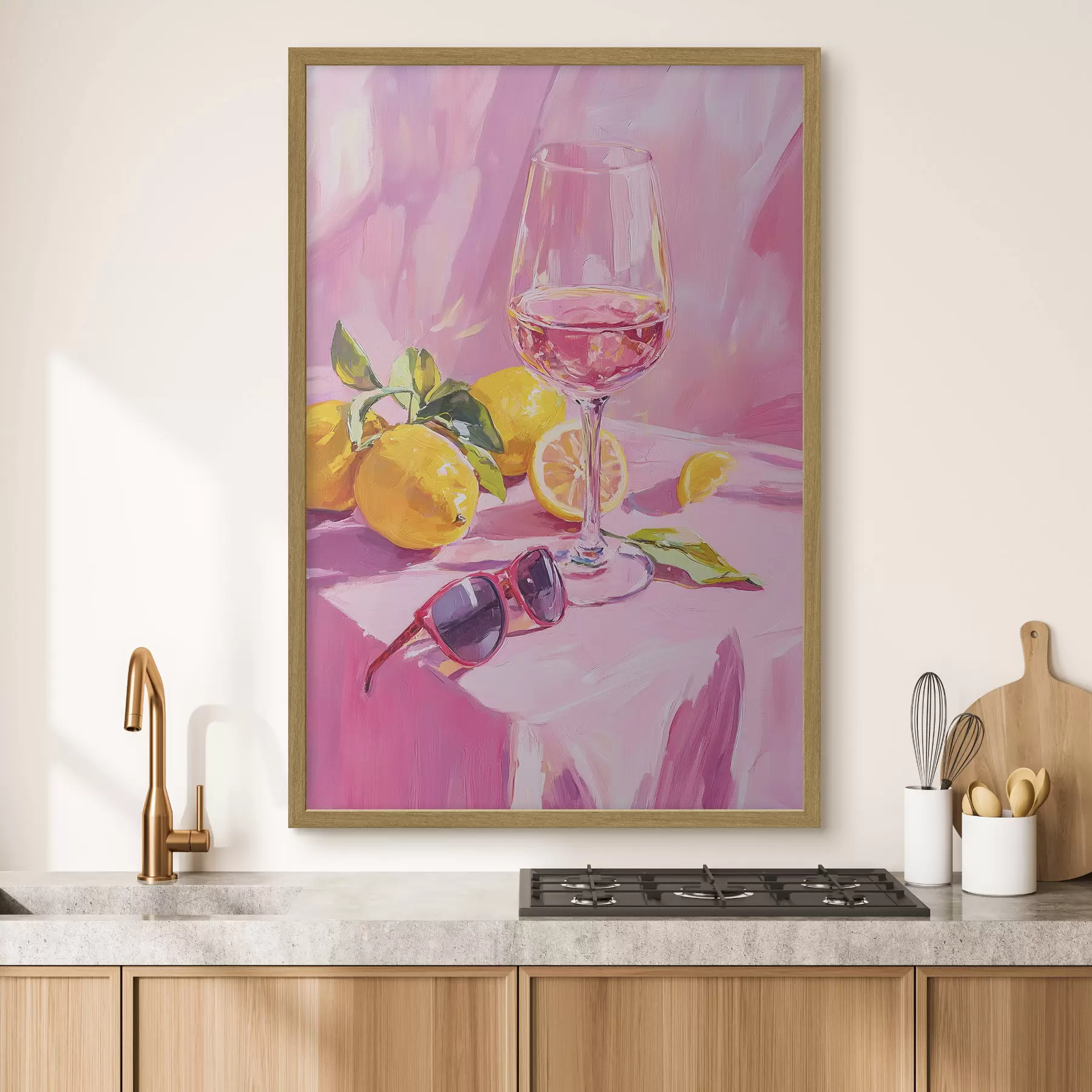 Papier peint Verre de vin avec citrons, lunettes de soleil, abstraction, dessin à l'huile, couleurs roses f43883