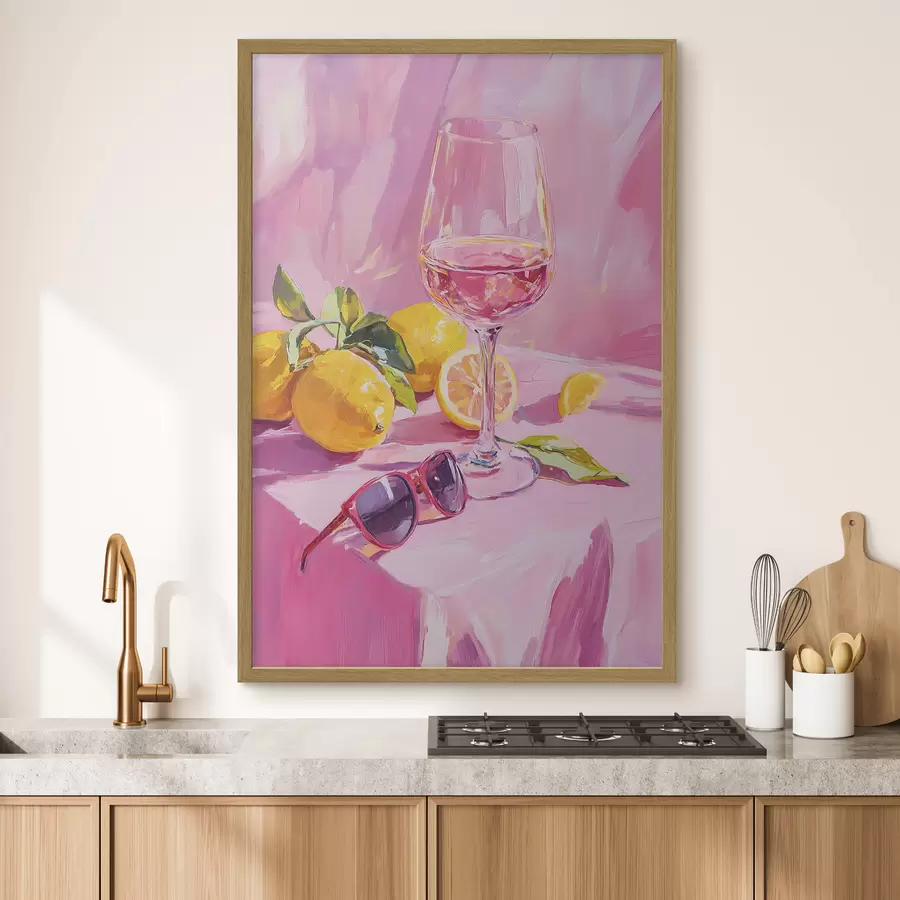Papier peint Verre de vin avec citrons, lunettes de soleil, abstraction, dessin à l'huile, couleurs roses f43883