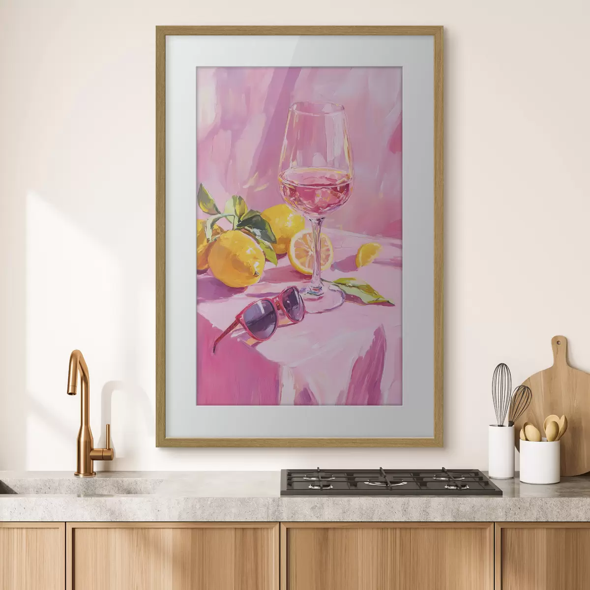 Poster Verre de vin avec citrons, lunettes de soleil, abstraction, dessin à l'huile, couleurs roses f43883