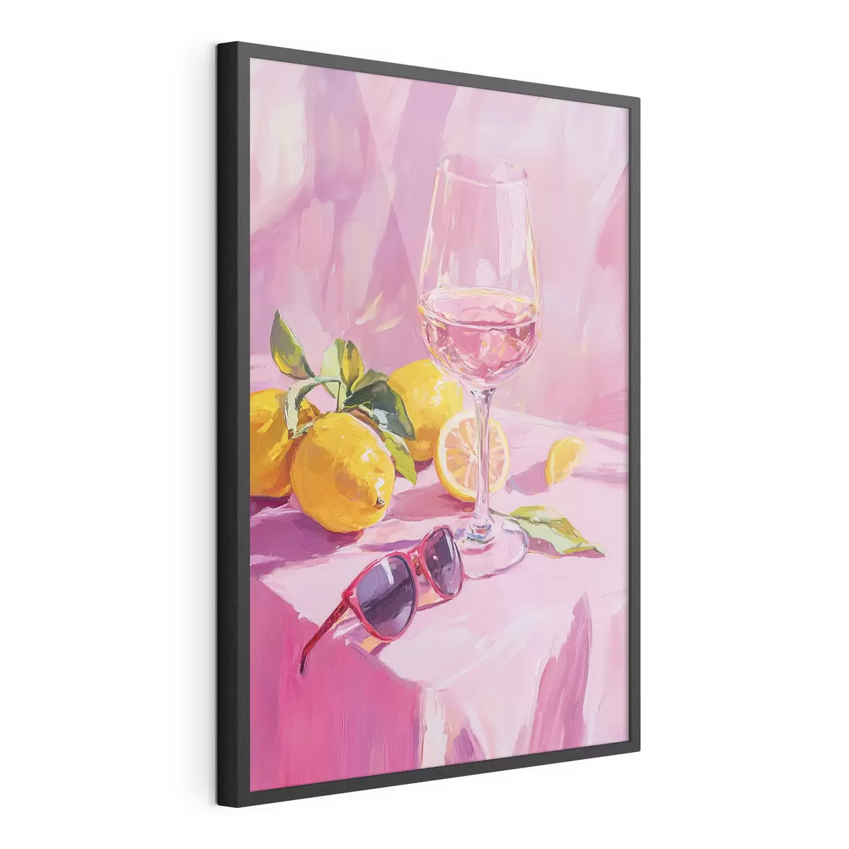 Poster Verre de vin avec citrons, lunettes de soleil, abstraction, dessin à l'huile, couleurs roses f43883