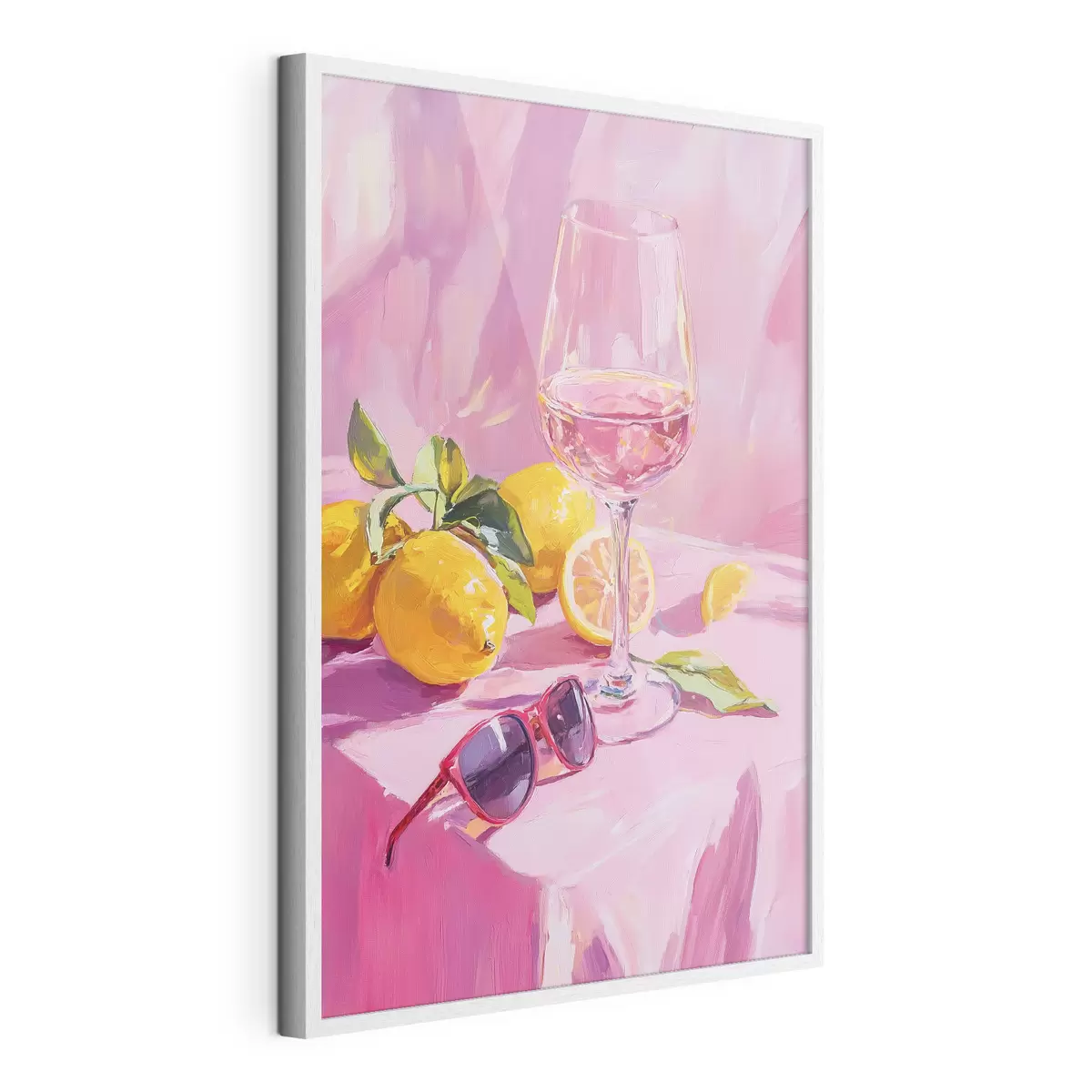 Poster Verre de vin avec citrons, lunettes de soleil, abstraction, dessin à l'huile, couleurs roses f43883