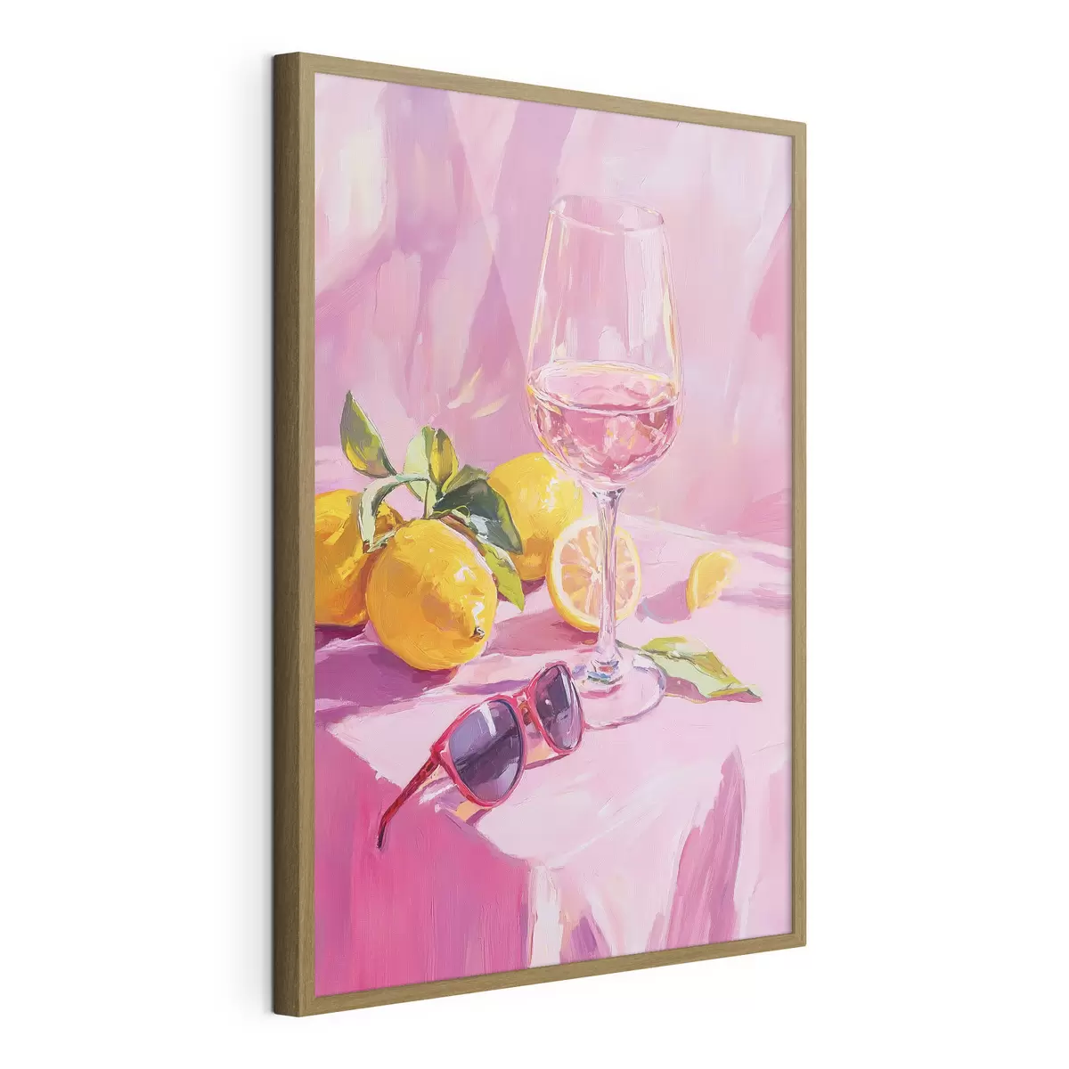Poster Verre de vin avec citrons, lunettes de soleil, abstraction, dessin à l'huile, couleurs roses f43883