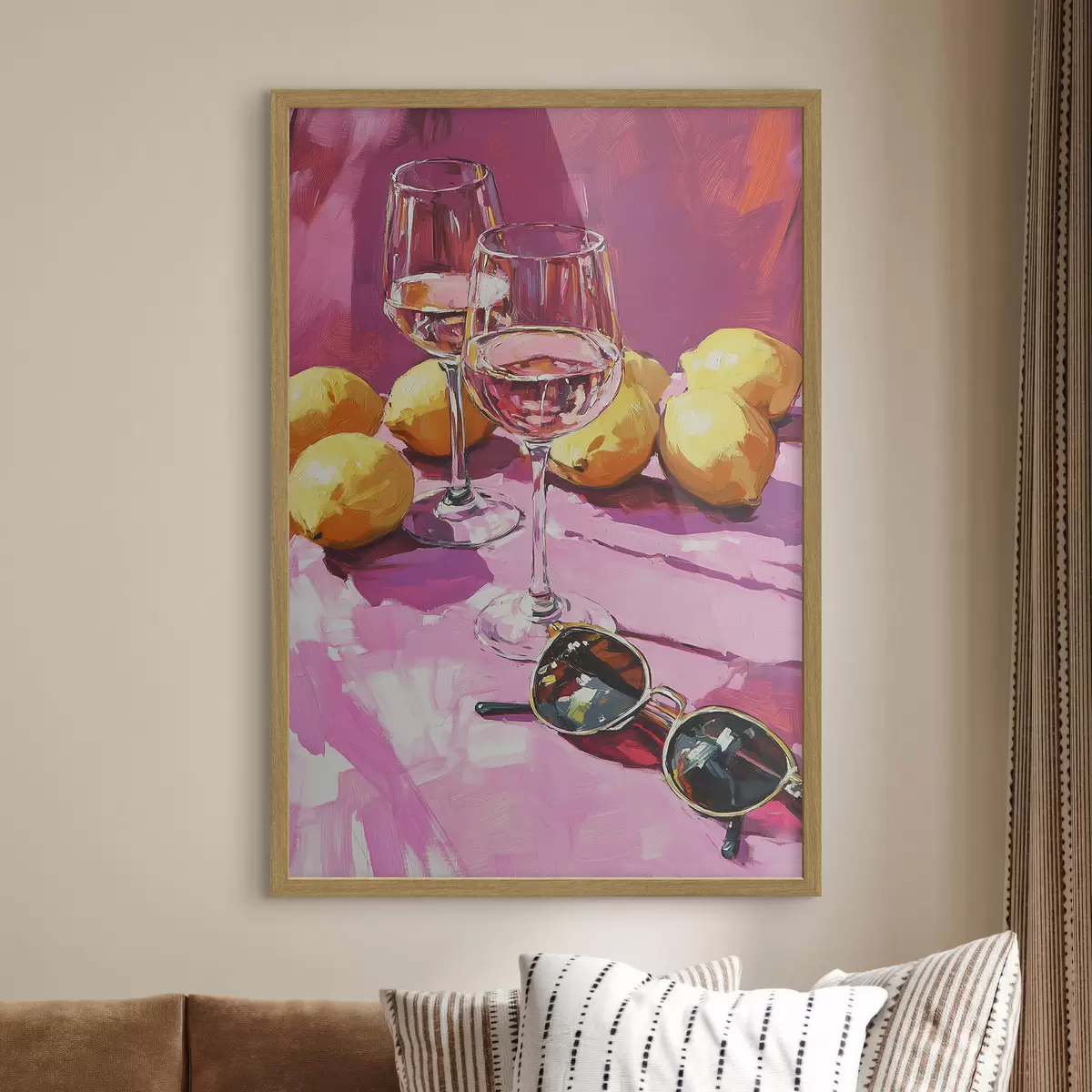 Poster Abstraction à l'huile avec des verres de boisson, des citrons et des lunettes de soleil f43884