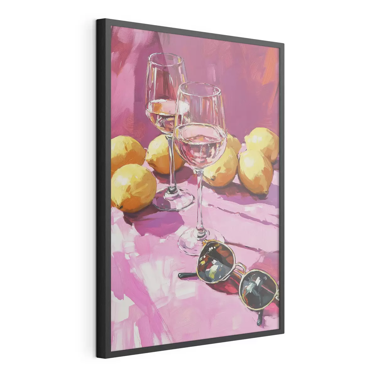 Poster Abstraction à l'huile avec des verres de boisson, des citrons et des lunettes de soleil f43884
