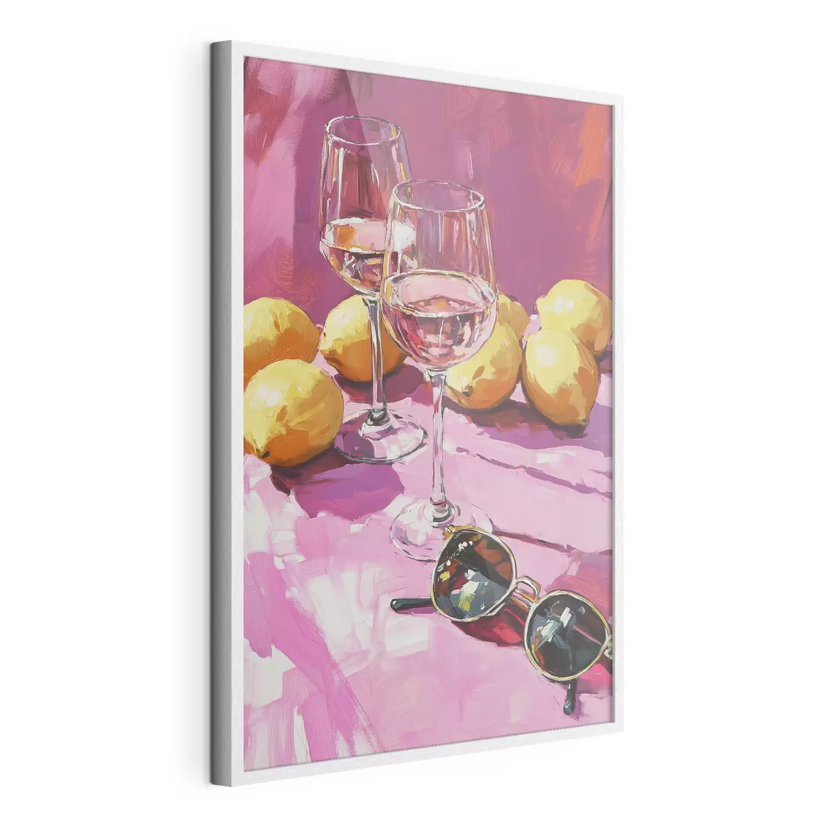 Poster Abstraction à l'huile avec des verres de boisson, des citrons et des lunettes de soleil f43884