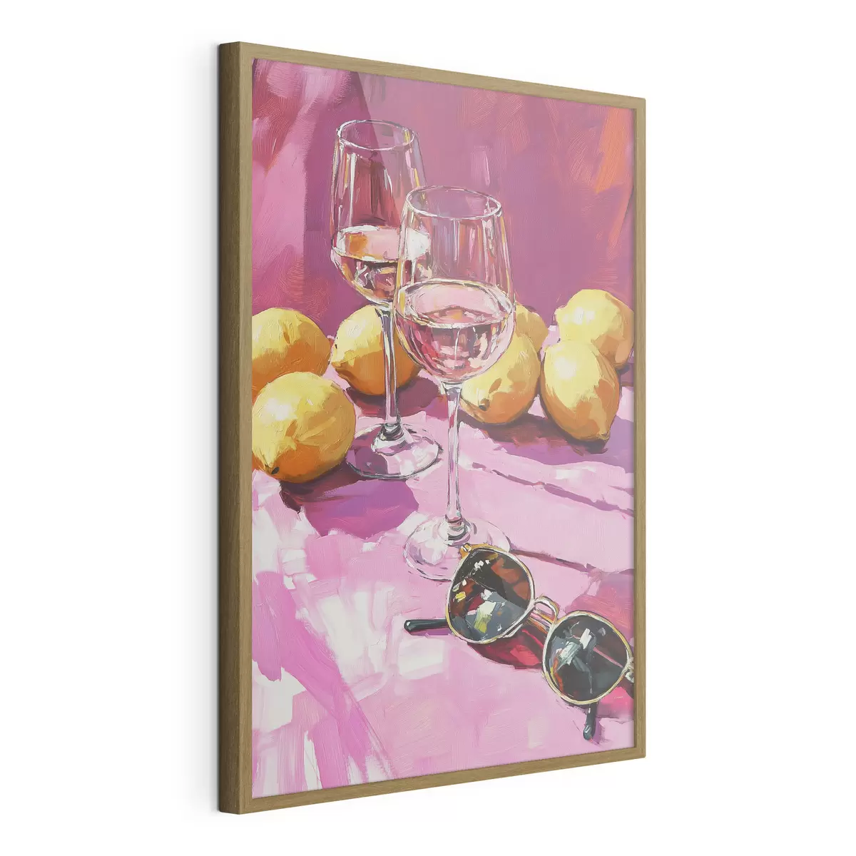 Poster Abstraction à l'huile avec des verres de boisson, des citrons et des lunettes de soleil f43884