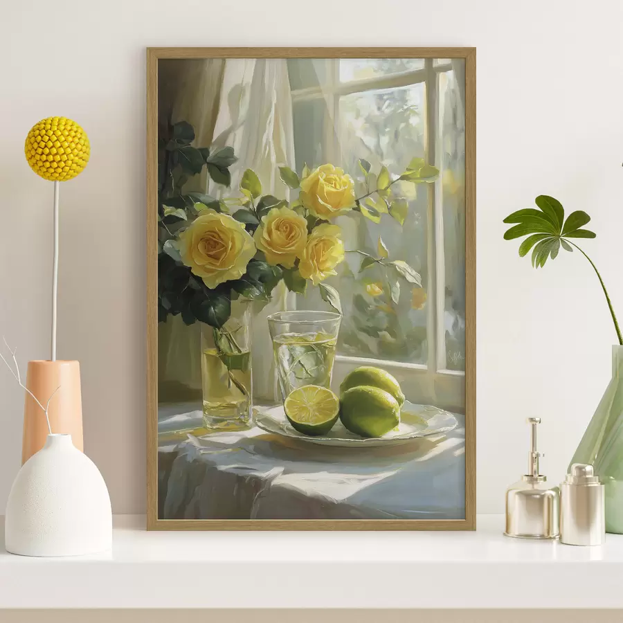 Papier peint De belles roses jaunes dans le vase près de la fenêtre, arrosées de citrons verts f43886