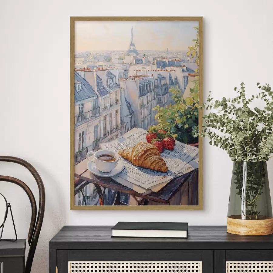 Papier peint Lever de soleil sur le balcon à Paris, tour Eiffel, fraises, café, journal f43890