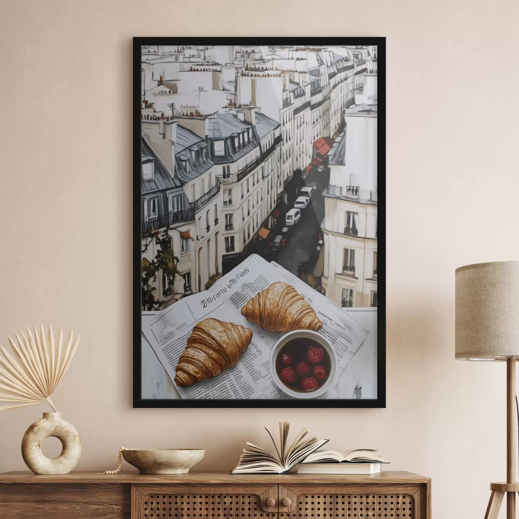 Papier peint Café matinal avec croissants, rue de la ville, architecture, style huile f43891