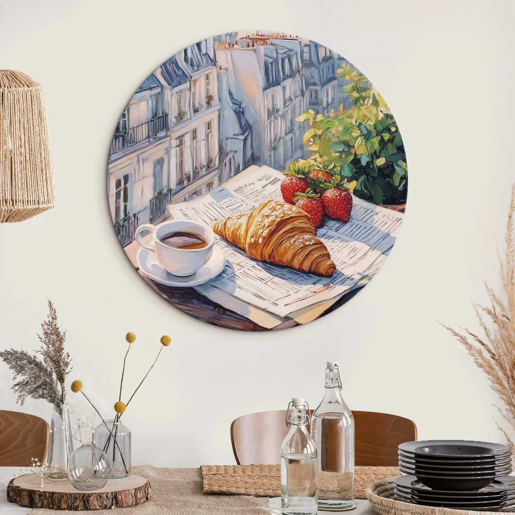 Tableau Lever de soleil sur le balcon à Paris, tour Eiffel, fraises, café, journal r43890