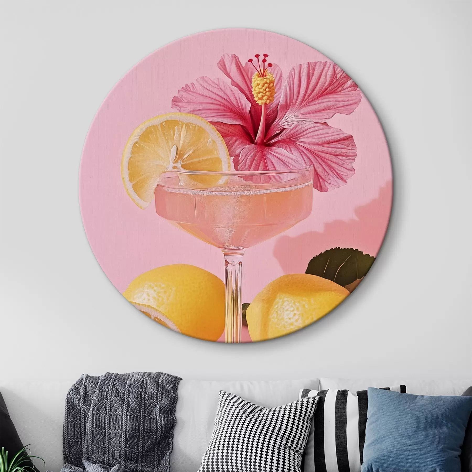 Tableau Cocktail rose avec fleur d'hibiscus, citrons, réalisme r43893