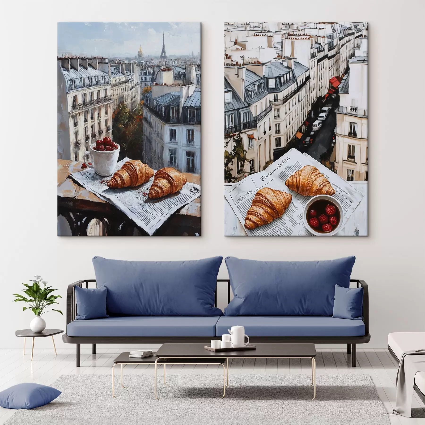 Tableau Vue de la ville sur un balcon à Paris, tour Eiffel, fraises, café, journal m00445