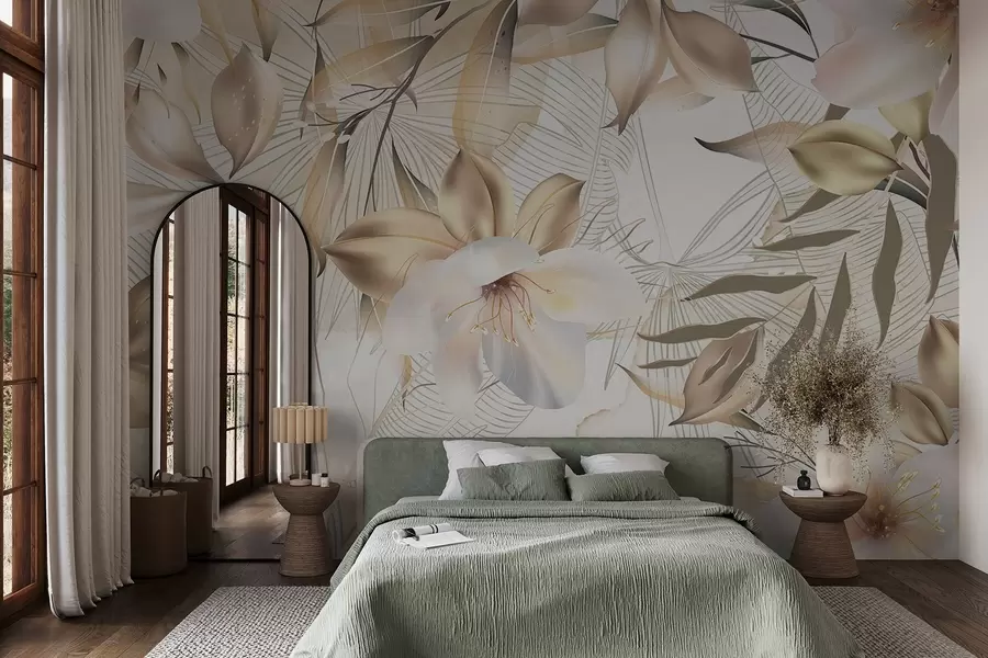 Papier peint Fleurs et feuilles de jasmin, couleurs douces, illustration botanique, fond floral, design élégant, pétales délicats w08977