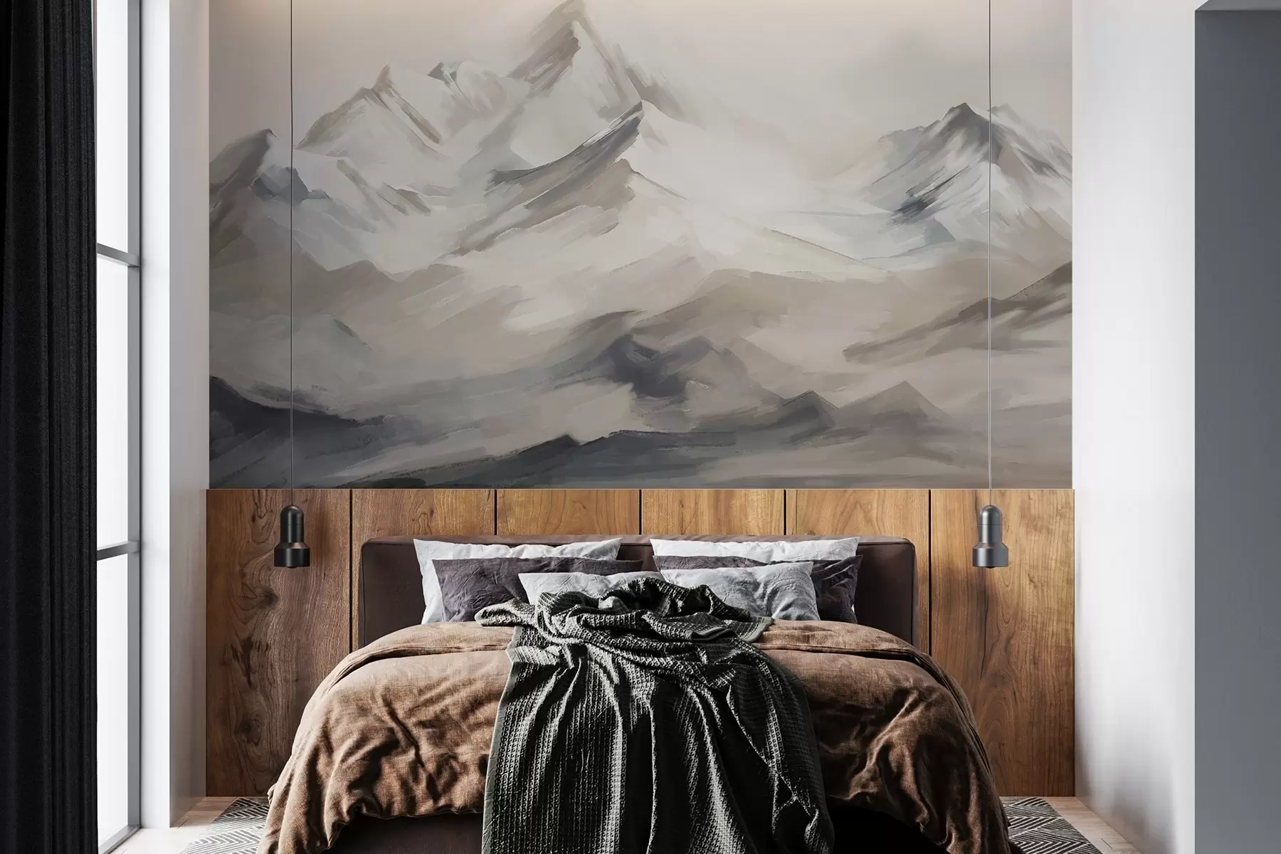 Papier peint Paysage de montagnes avec ciel clair, coups de pinceau, couleurs neutres beige et gris, chaîne de montagnes  w08980