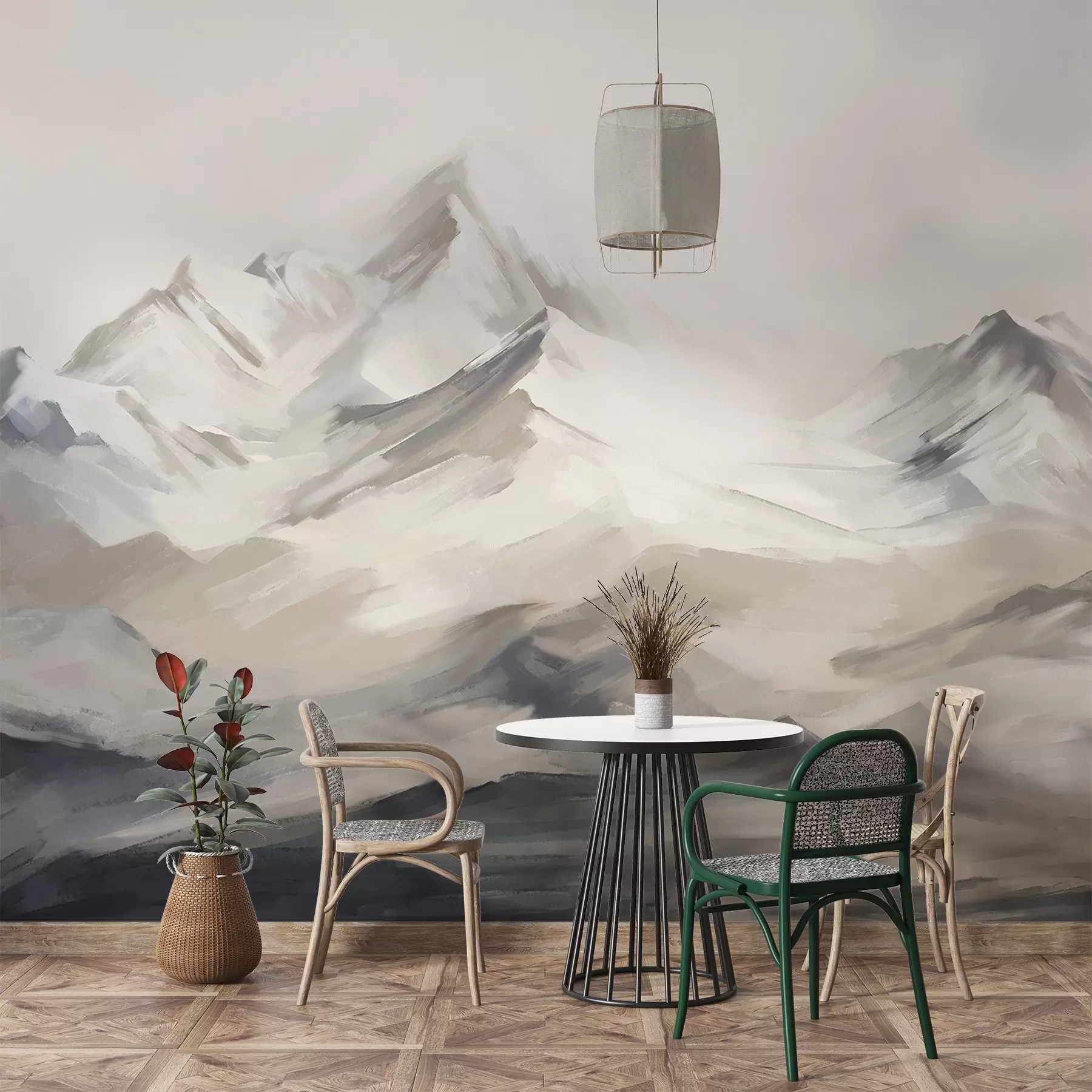 Papier peint Paysage de montagnes avec ciel clair, coups de pinceau, couleurs neutres beige et gris, chaîne de montagnes  w08980