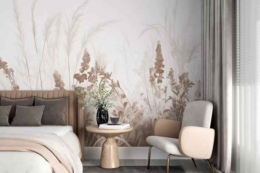 Papier peint Fleurs brunes et roseaux beiges dans un champ, texture de peinture minimaliste, fond clair, couleurs douces, coups de pinceau délicats  w08982v1