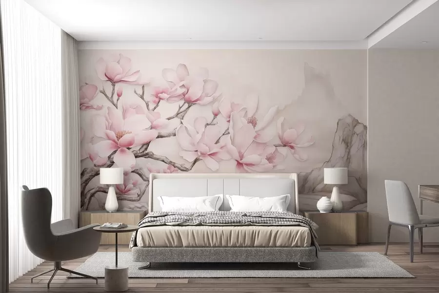 Papier peint Aquarelle d'une branche de magnolia sur un rocher w03655