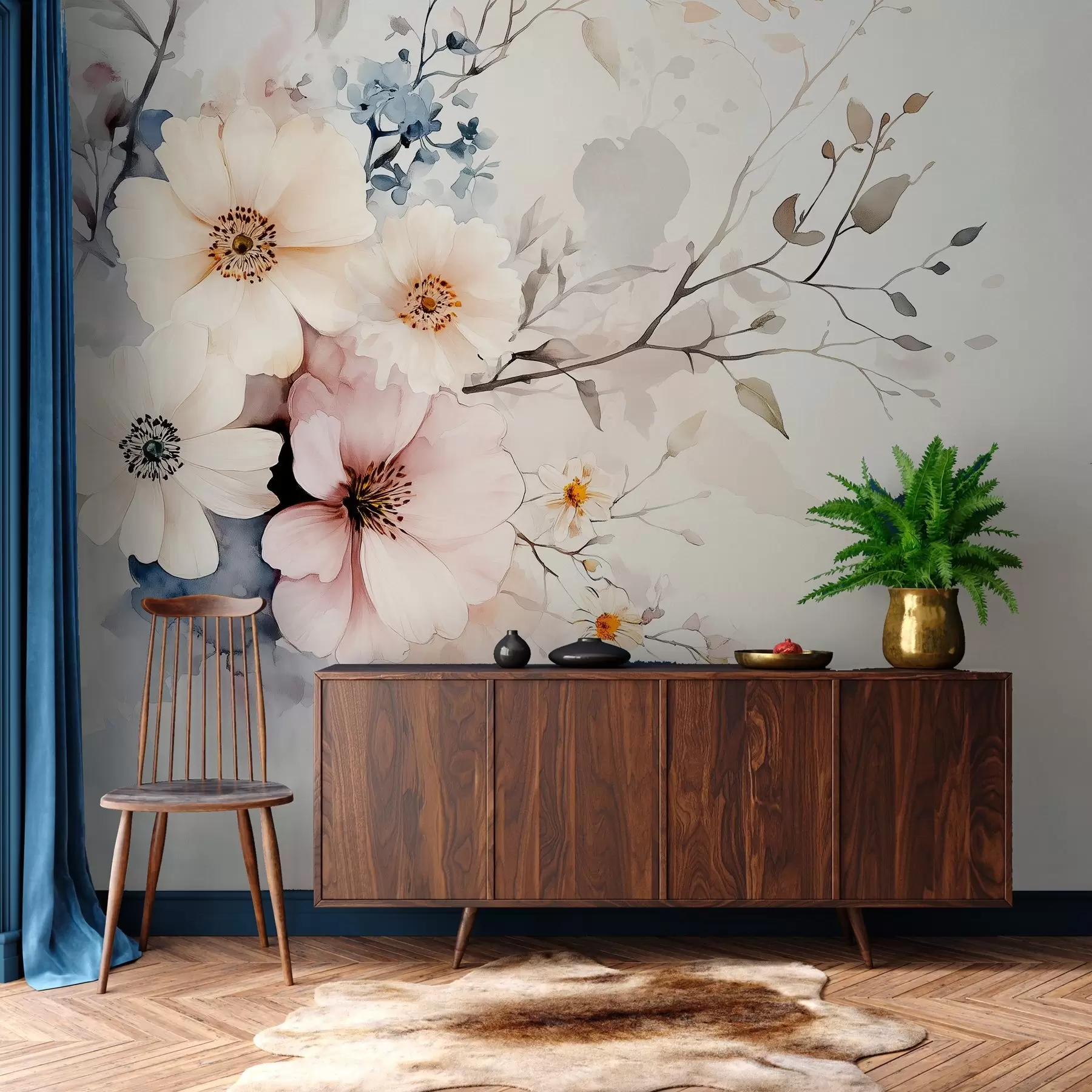 Papier peint fleurs délicates et une branche en style aquarelle w03400