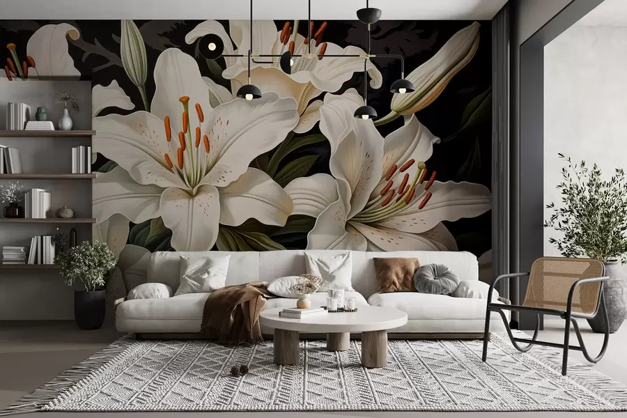 Papier peint Grandes fleurs blanches élégantes sur fond sombre w08983