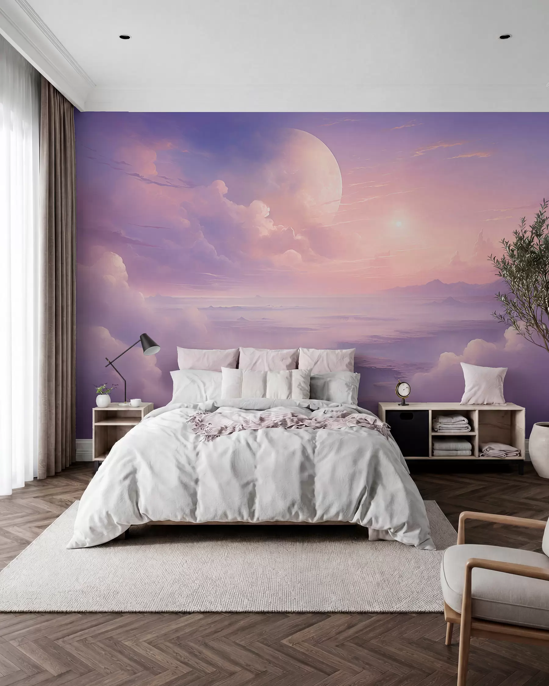 Papier peint Ciel magique violet-rose avec la lune et les nuages w08986