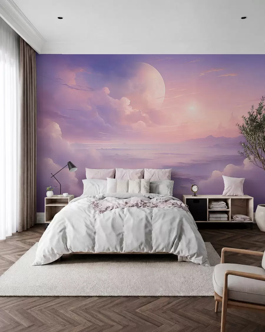 Papier peint Ciel magique violet-rose avec la lune et les nuages w08986
