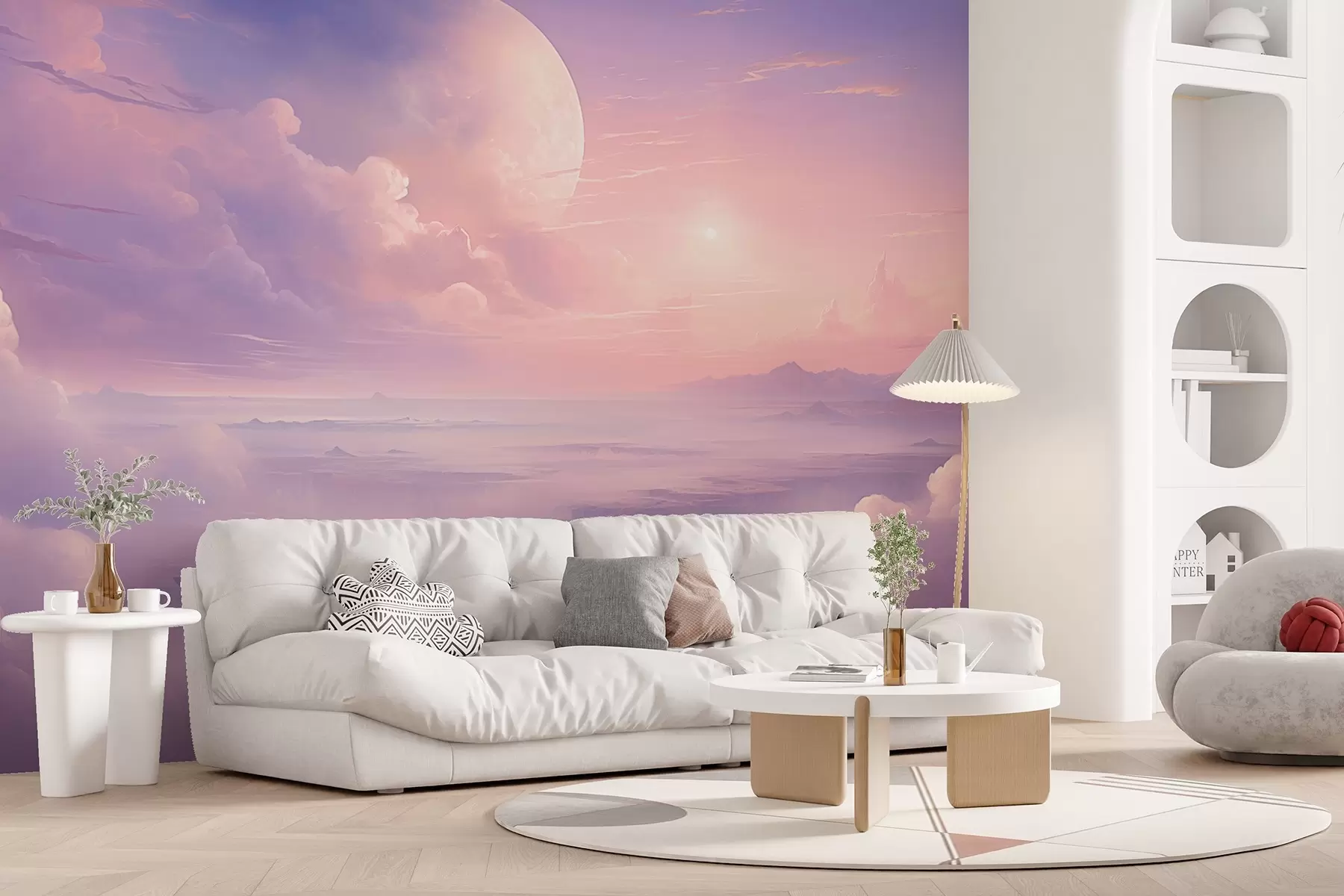 Papier peint Ciel magique violet-rose avec la lune et les nuages w08986