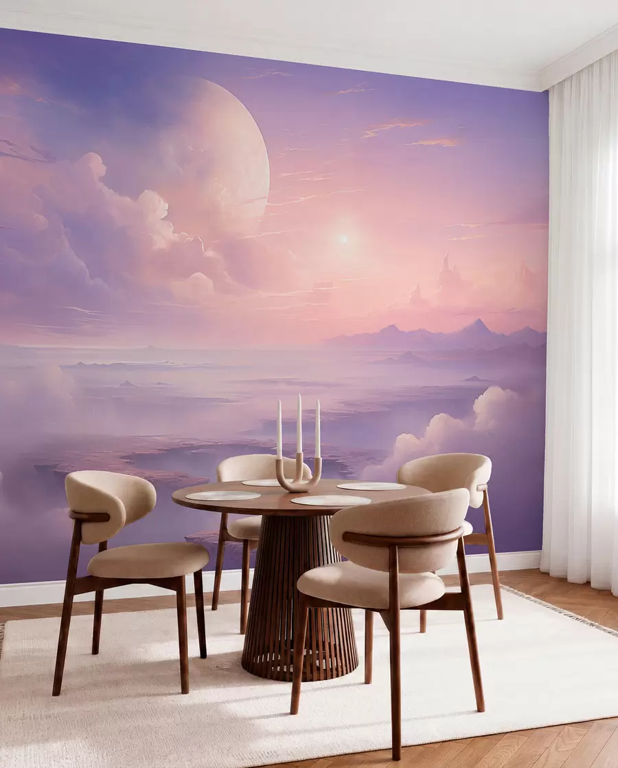 Papier peint Ciel magique violet-rose avec la lune et les nuages w08986